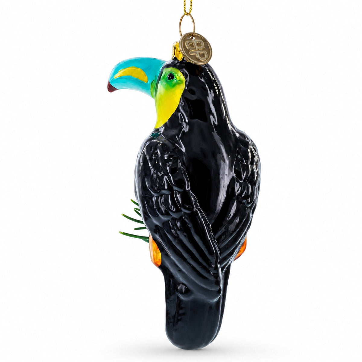 Toucan with Pine Branch Glass Christmas Ornament