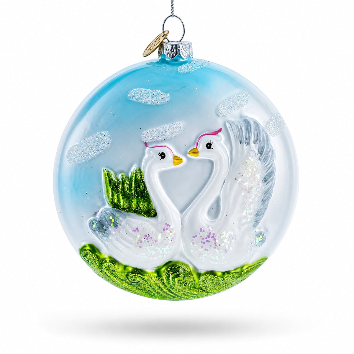 Loving Swans Couple Glass Christmas Ornament