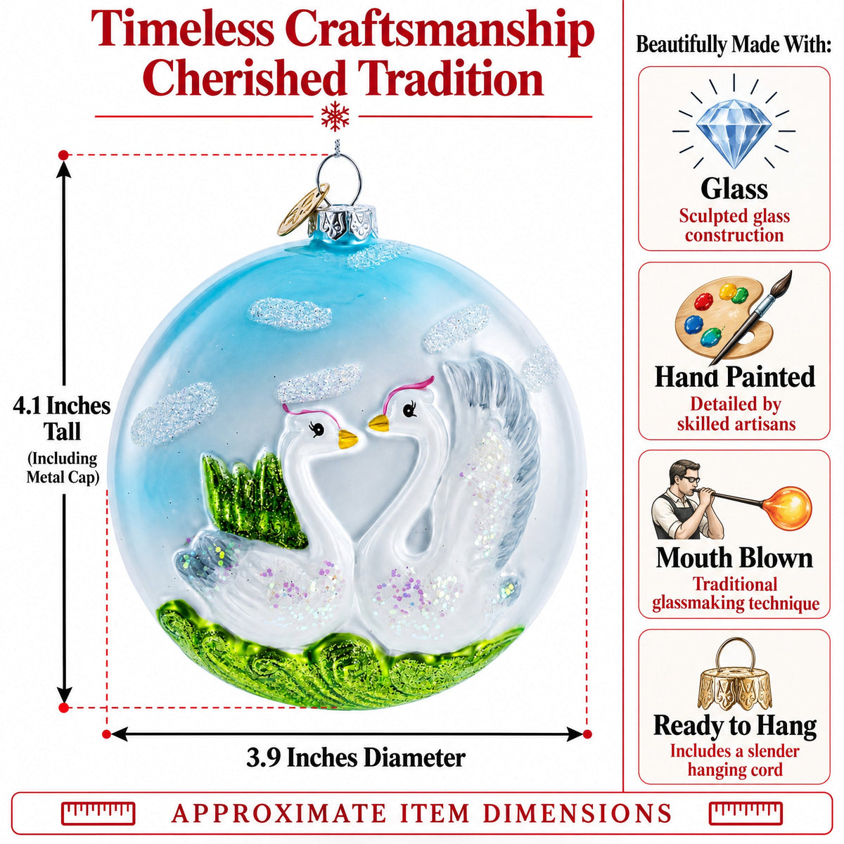 Loving Swans Couple Glass Christmas Ornament