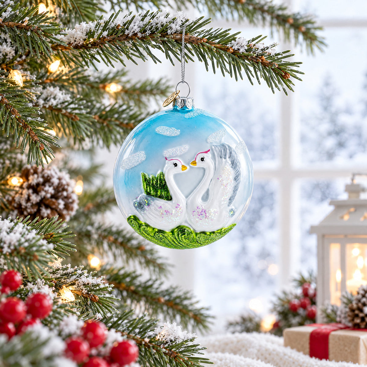 Loving Swans Couple Glass Christmas Ornament