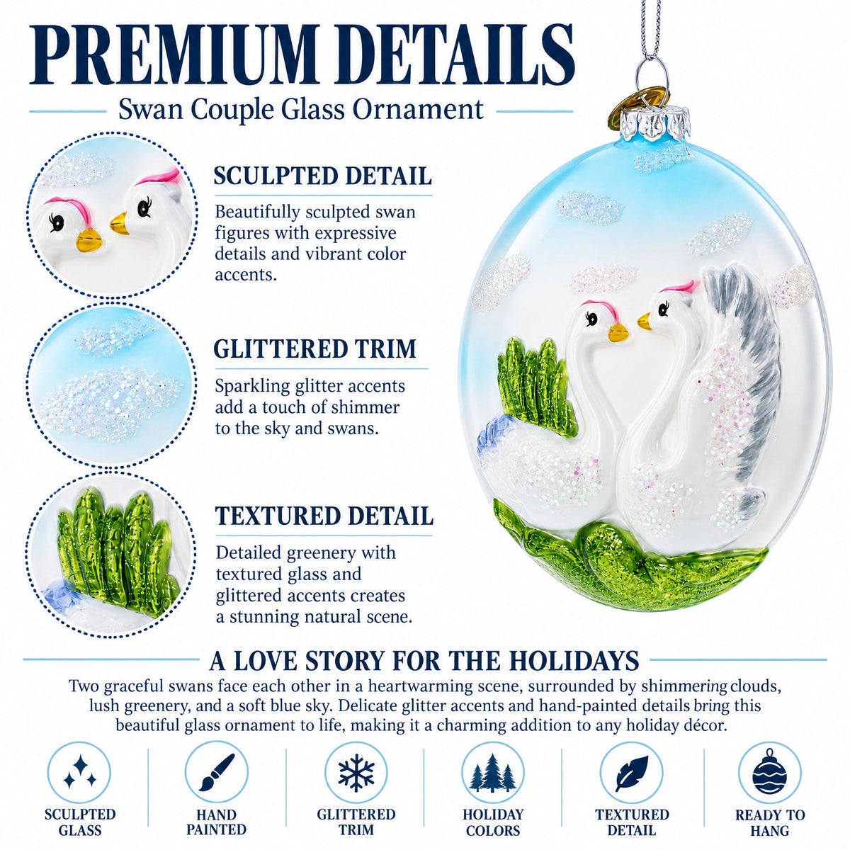 Loving Swans Couple Glass Christmas Ornament