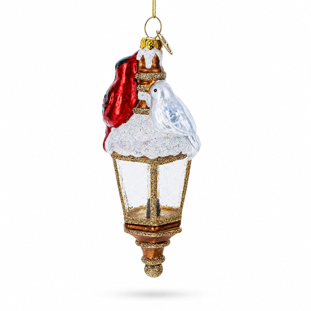 Red Cardinal Perched on Lantern Glass Christmas Ornament