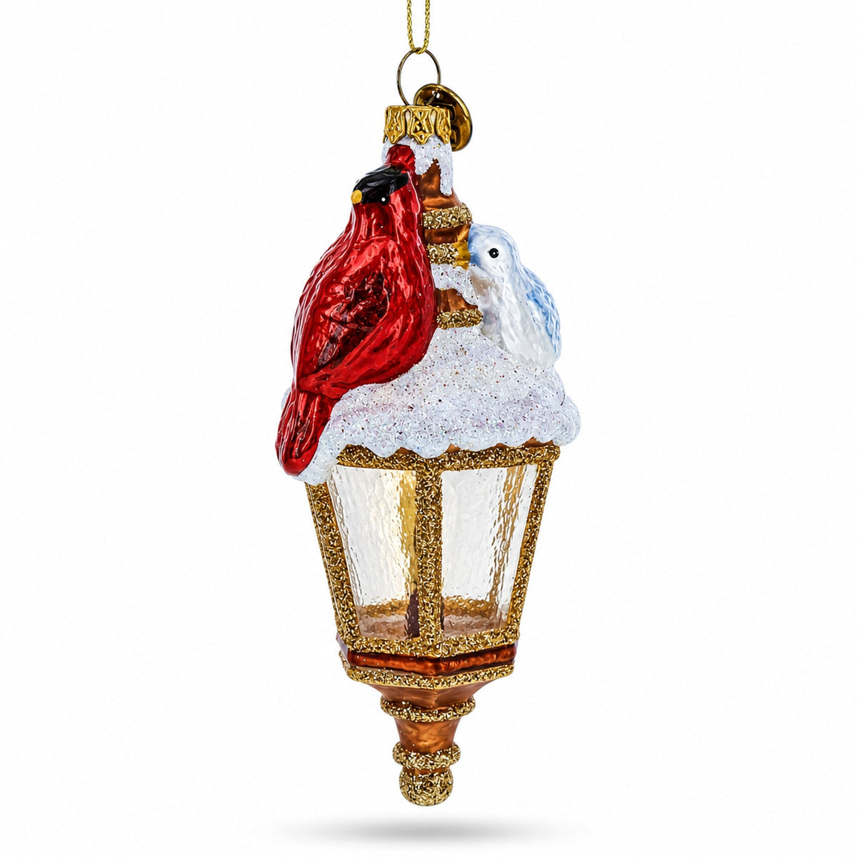 Red Cardinal Perched on Lantern Glass Christmas Ornament
