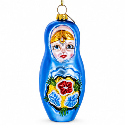 Blue Doll with Flower Glass Christmas Ornament