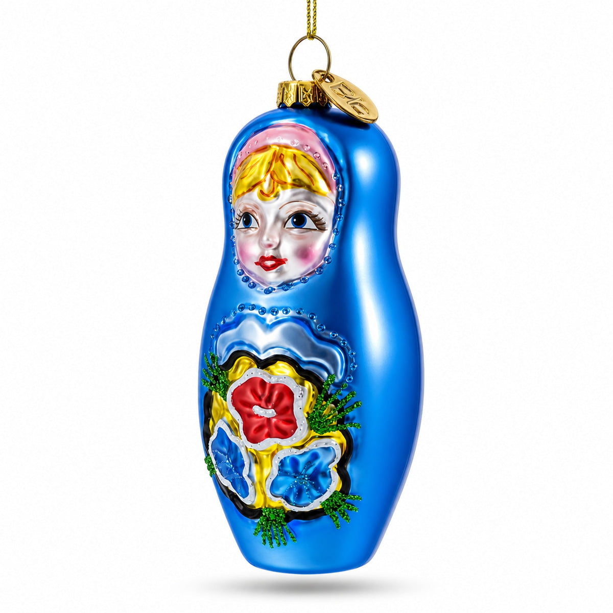Blue Doll with Flower Glass Christmas Ornament