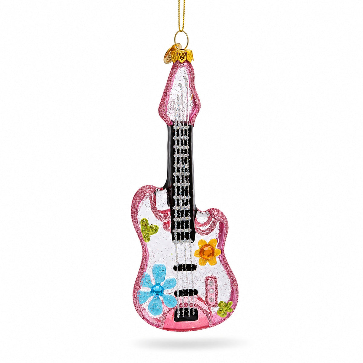 Blossom-Adorned Guitar Glass Christmas Ornament