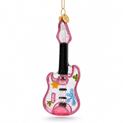 Blossom-Adorned Guitar Glass Christmas Ornament