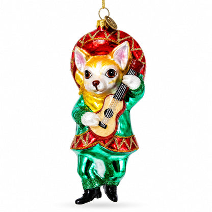 Mariachi Chihuahua Guitarist Glass Christmas Ornament