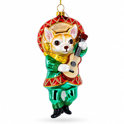 Mariachi Chihuahua Guitarist Glass Christmas Ornament