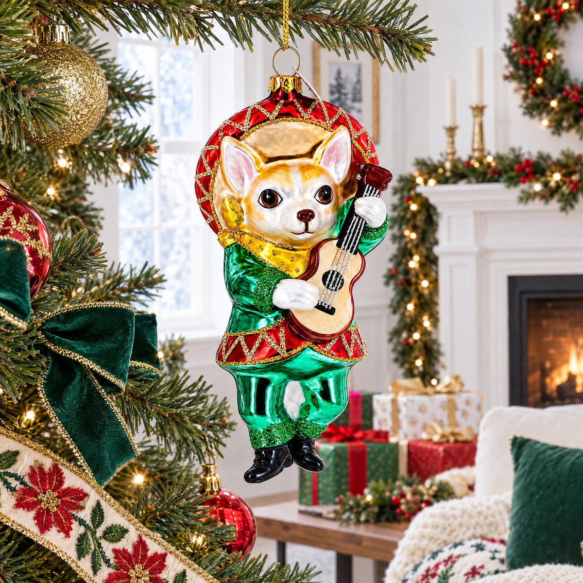 Mariachi Chihuahua Guitarist Glass Christmas Ornament