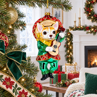 Mariachi Chihuahua Guitarist Glass Christmas Ornament