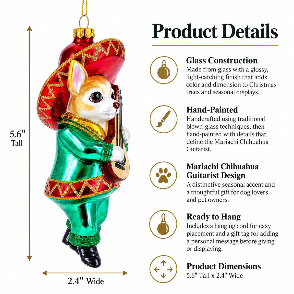Mariachi Chihuahua Guitarist Glass Christmas Ornament