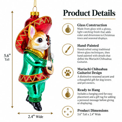 Mariachi Chihuahua Guitarist Glass Christmas Ornament