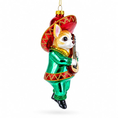 Mariachi Chihuahua Guitarist Glass Christmas Ornament