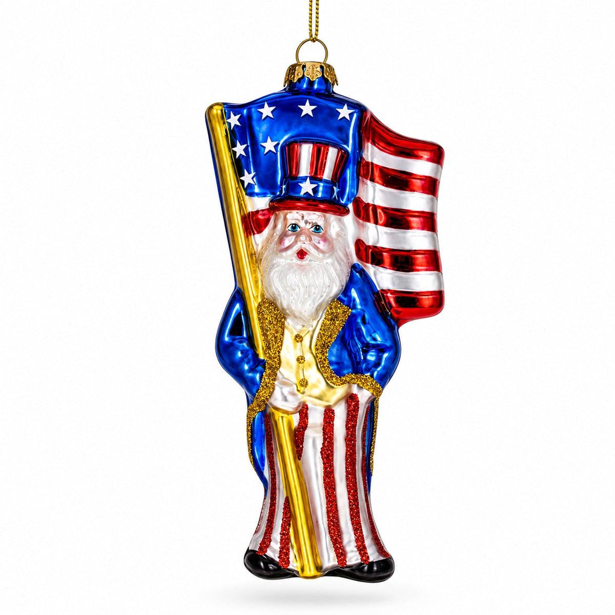 Uncle Sam Santa Holding USA Flag Glass Christmas Ornament
