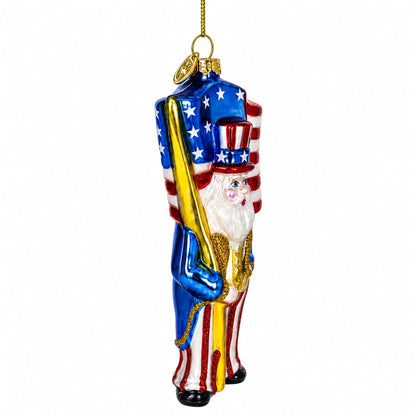 Uncle Sam Santa Holding USA Flag Glass Christmas Ornament