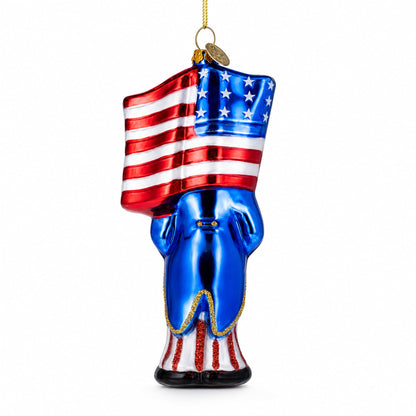 Uncle Sam Santa Holding USA Flag Glass Christmas Ornament