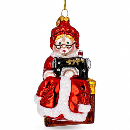 Mrs. Claus and Sewing Machine Glass Christmas Ornament
