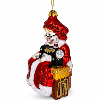 Mrs. Claus and Sewing Machine Glass Christmas Ornament