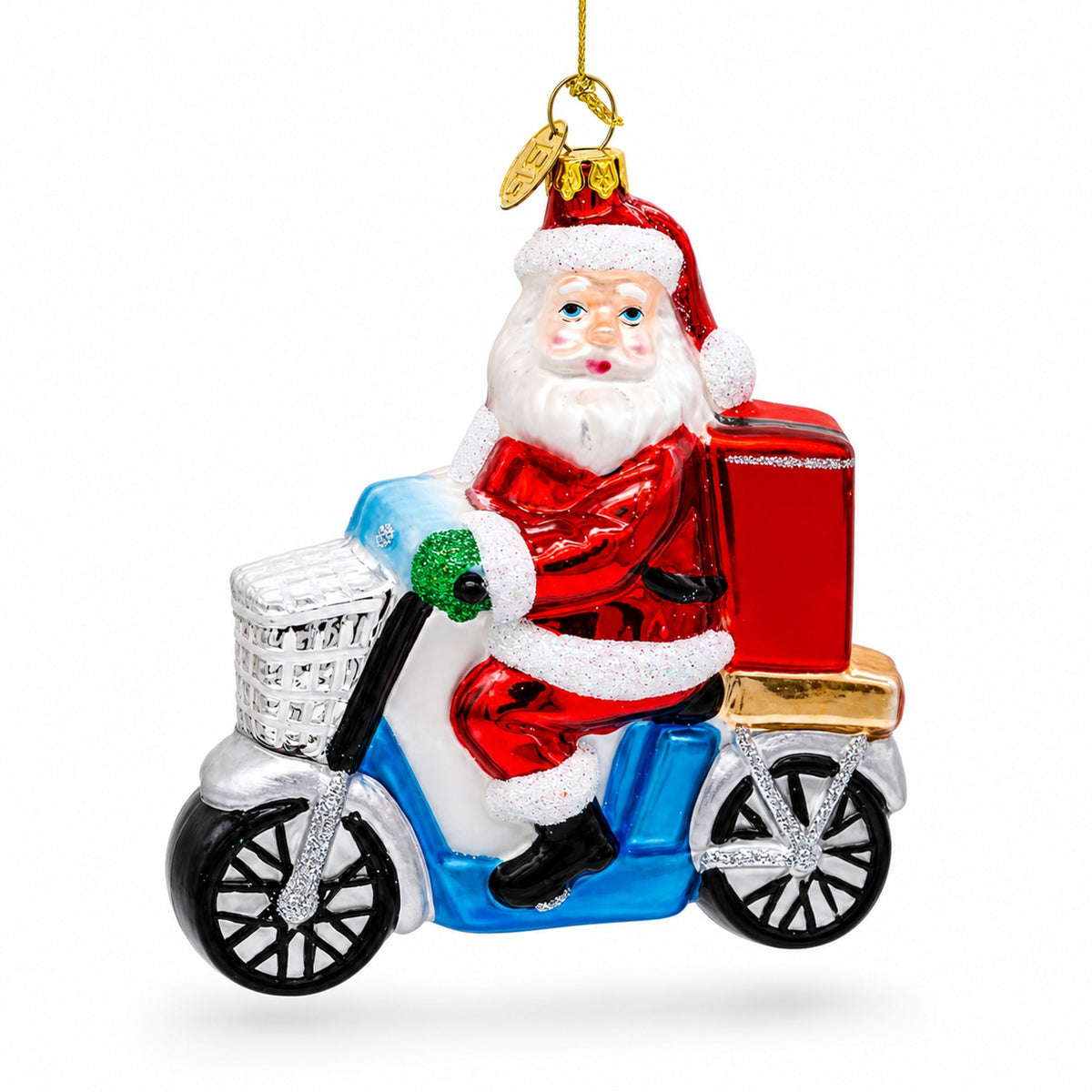 Santa Food Delivery on Scooter Glass Christmas Ornament