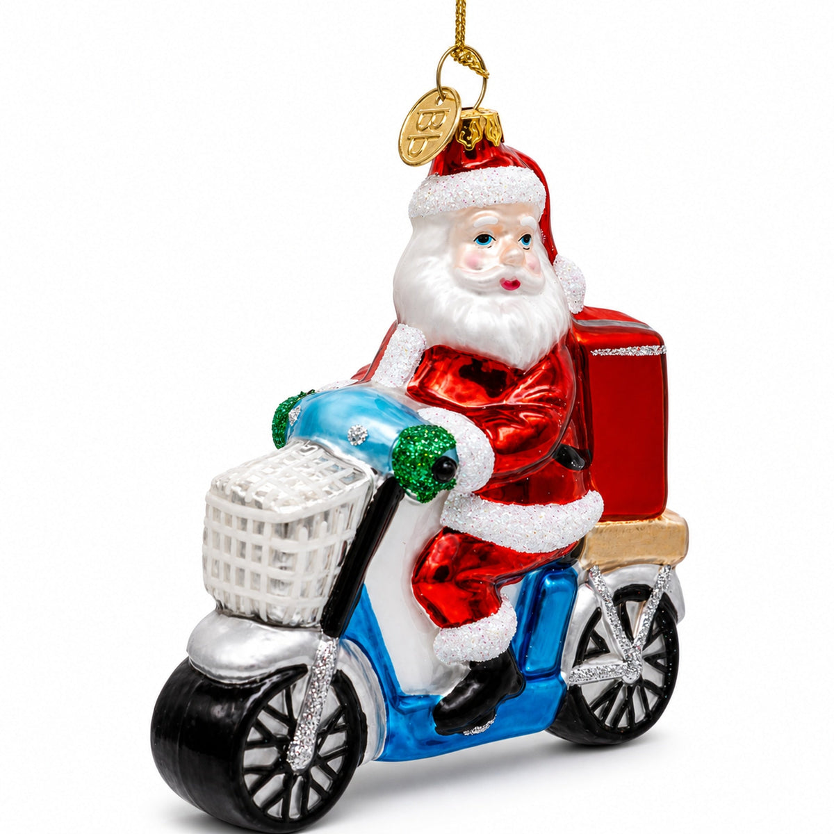 Santa Food Delivery on Scooter Glass Christmas Ornament