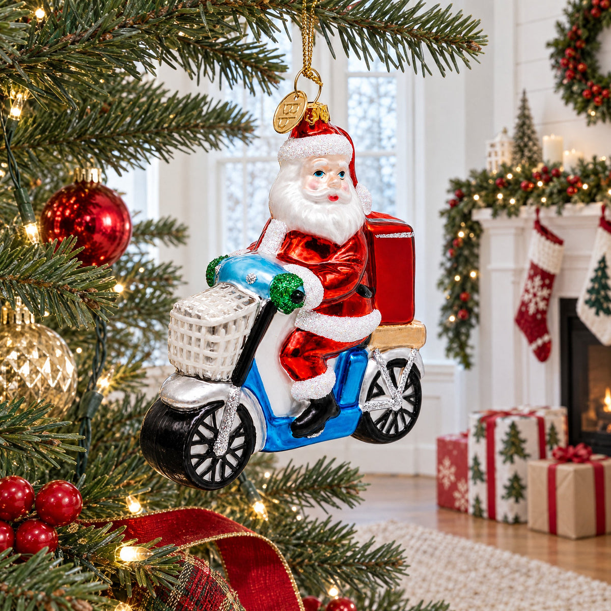 Santa Food Delivery on Scooter Glass Christmas Ornament