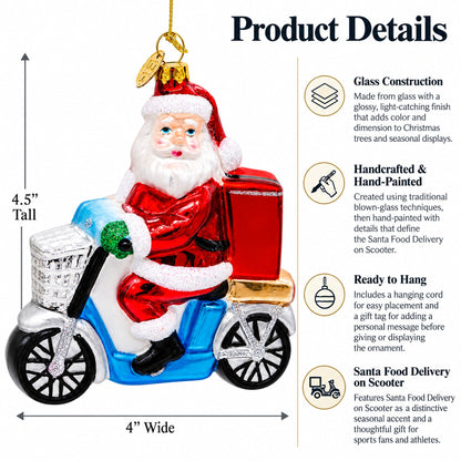 Santa Food Delivery on Scooter Glass Christmas Ornament