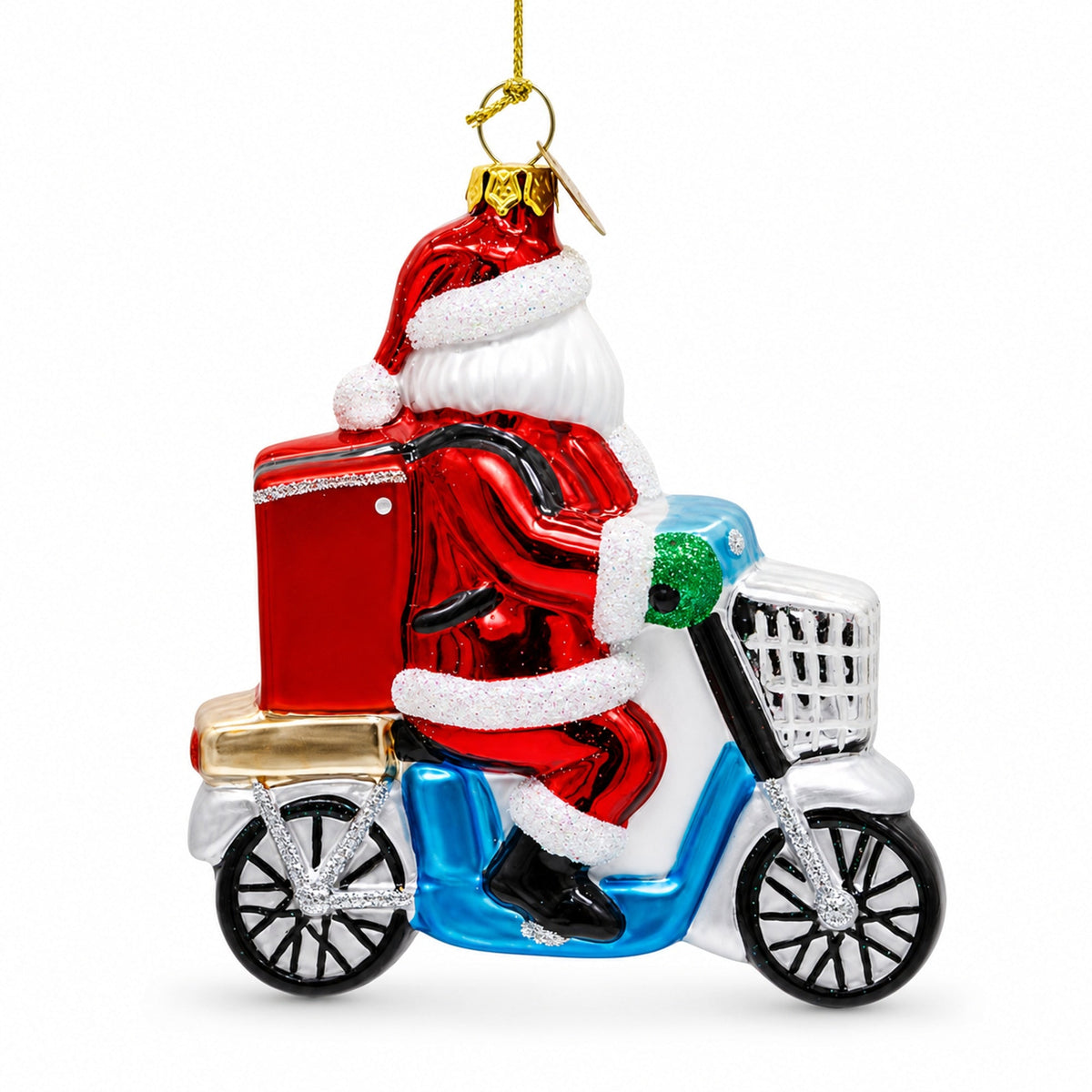 Santa Food Delivery on Scooter Glass Christmas Ornament