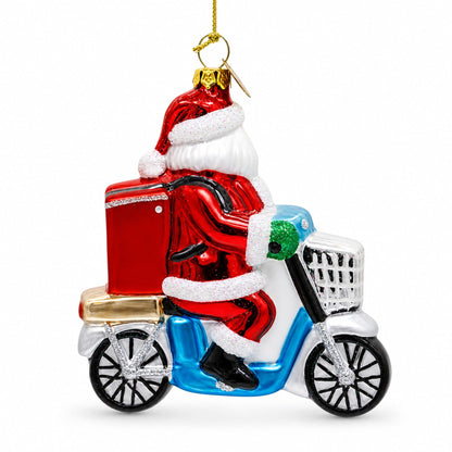 Santa Food Delivery on Scooter Glass Christmas Ornament