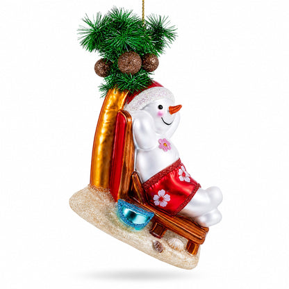 Tropical Snowman on the Beach Exotic Glass Christmas Ornament