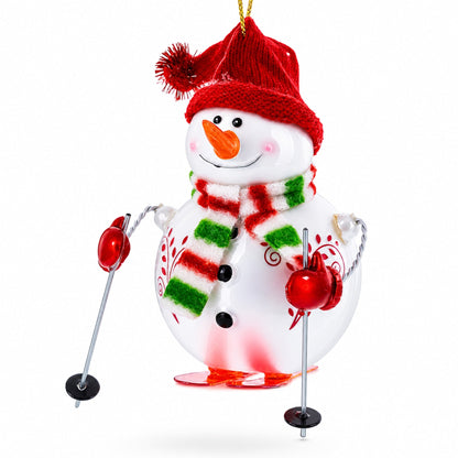 Snowman Skiing Glass Christmas Ornament