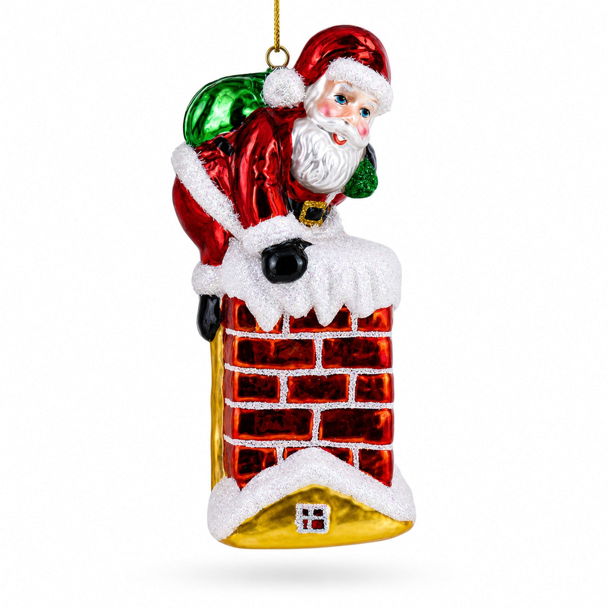 Santa Going Down the Chimney Glass Christmas Ornament