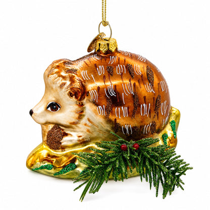 Hedgehog on Grass Glass Christmas Ornament