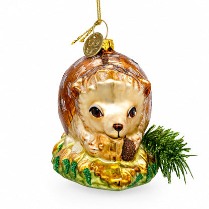 Hedgehog on Grass Glass Christmas Ornament