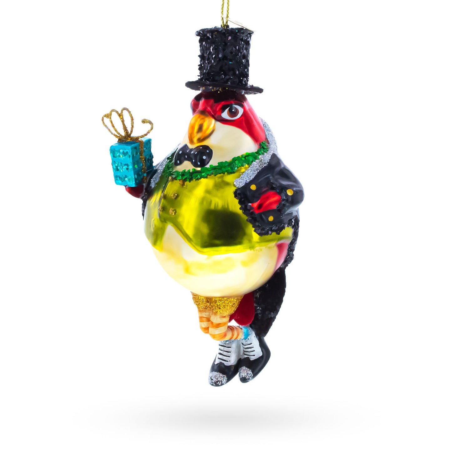 Penguin in Black Hat Glass Christmas Ornament