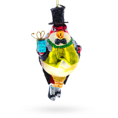 Penguin in Black Hat Glass Christmas Ornament