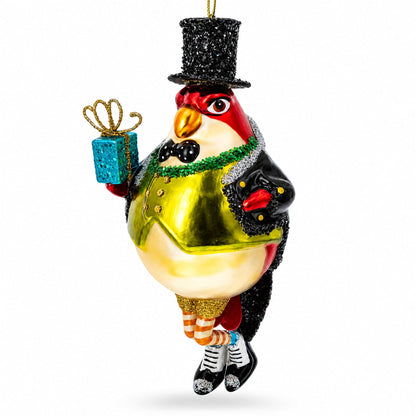 Penguin in Black Hat Glass Christmas Ornament