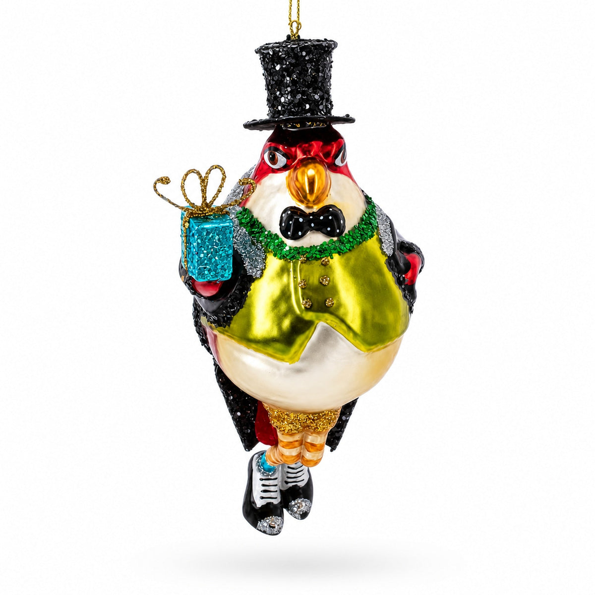 Penguin in Black Hat Glass Christmas Ornament