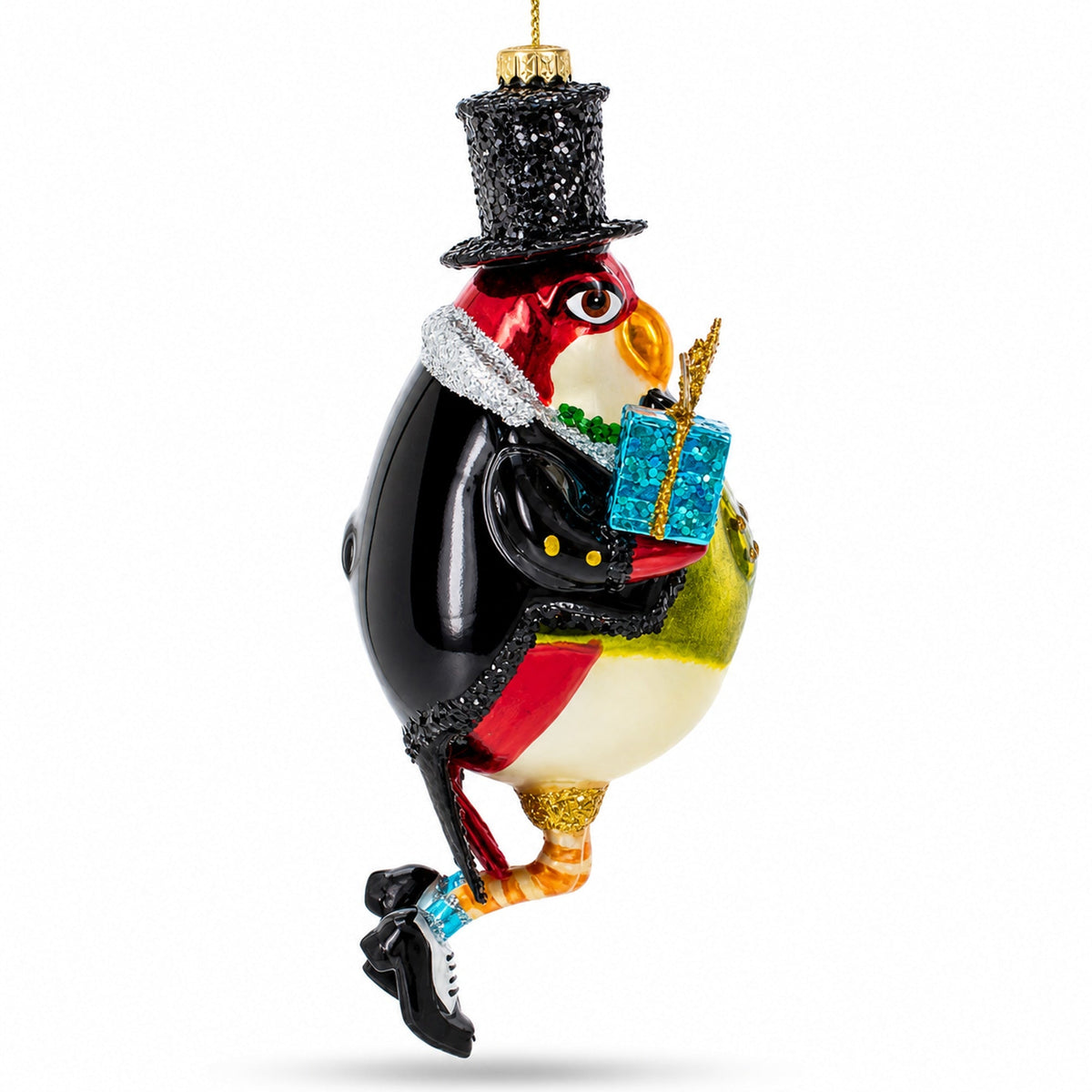 Penguin in Black Hat Glass Christmas Ornament