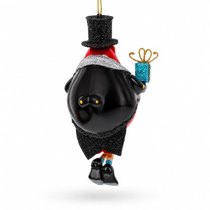 Penguin in Black Hat Glass Christmas Ornament