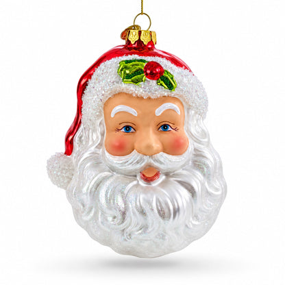 Santa Head with Mistletoe Glass Christmas Ornament