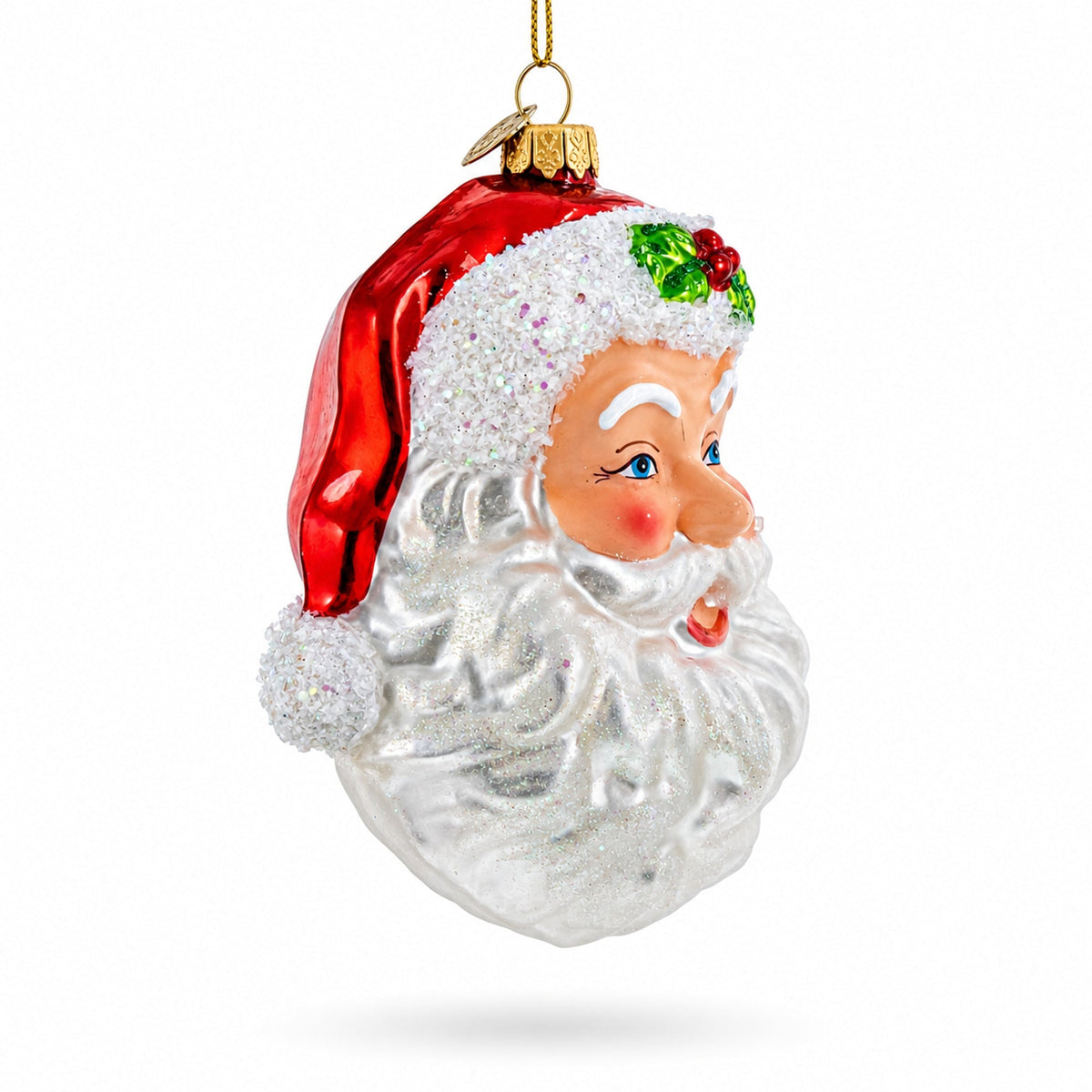Santa Head with Mistletoe Glass Christmas Ornament