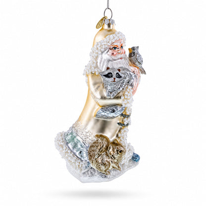 Woodland Santa with Forest Friends Glass Christmas Ornament