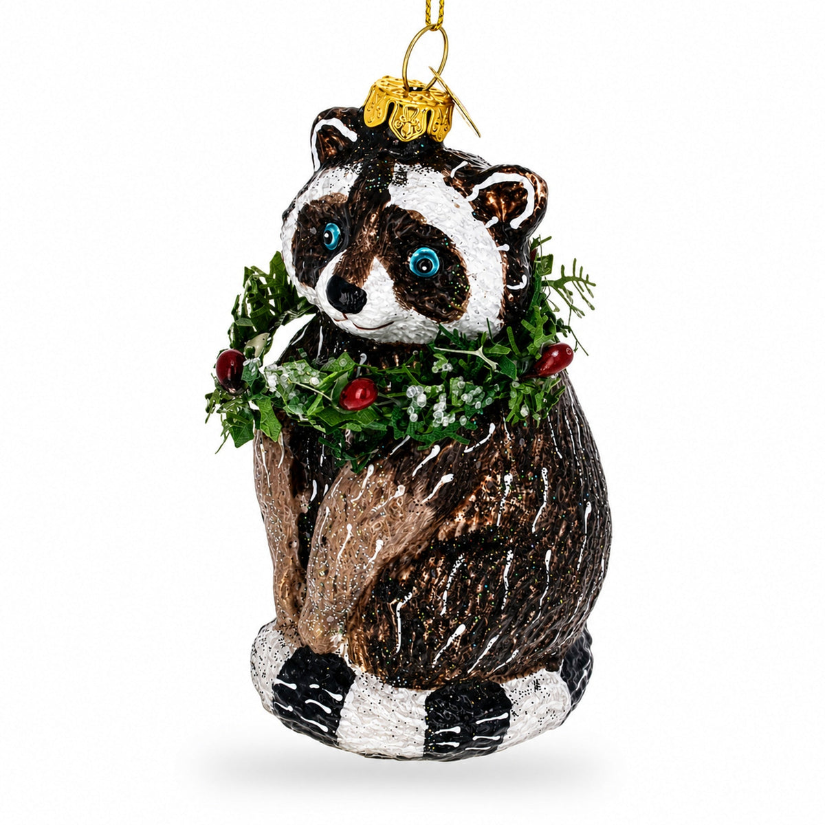 Racoon with Wreath Glass Christmas Ornament
