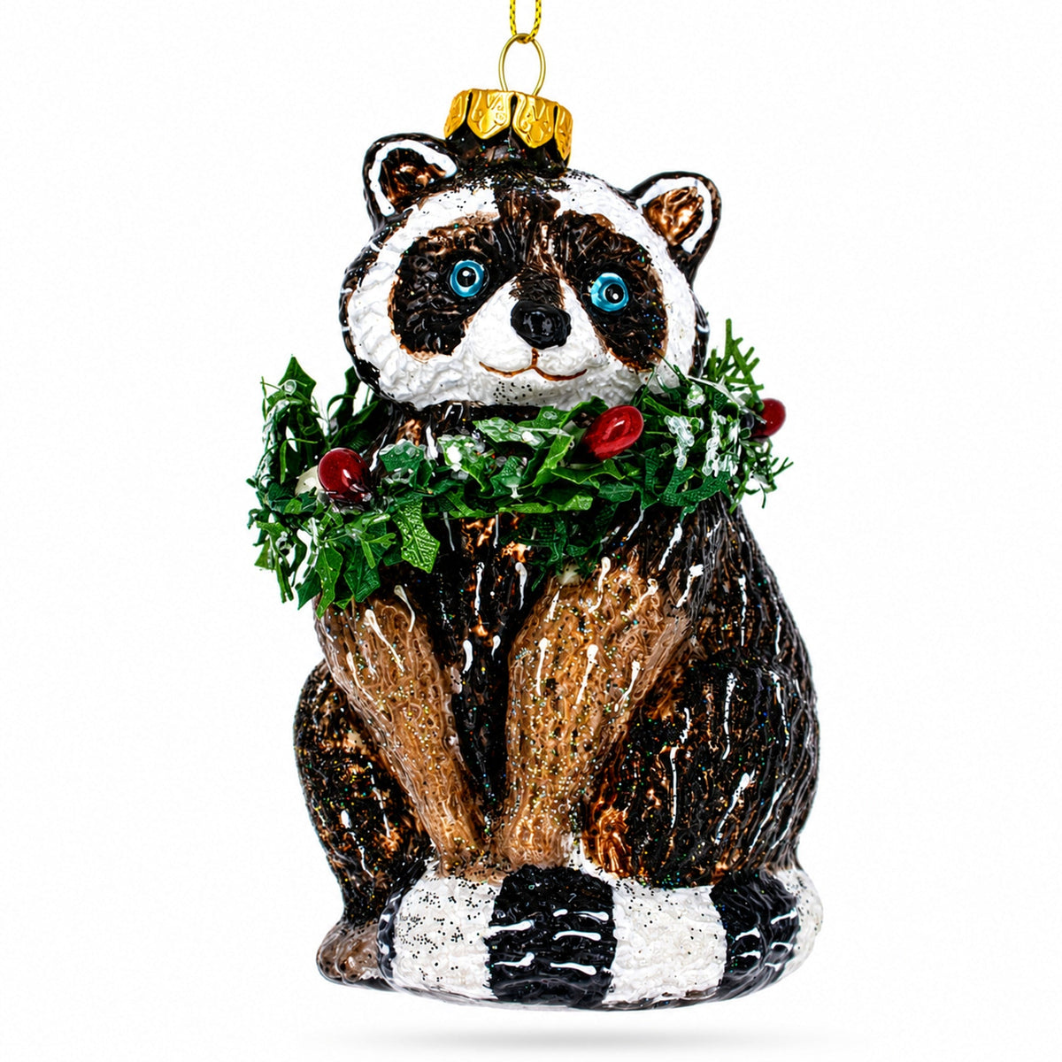 Racoon with Wreath Glass Christmas Ornament