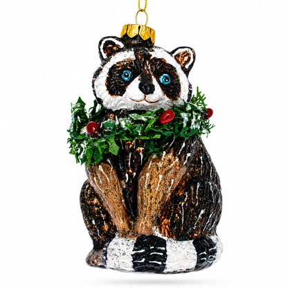 Racoon with Wreath Glass Christmas Ornament