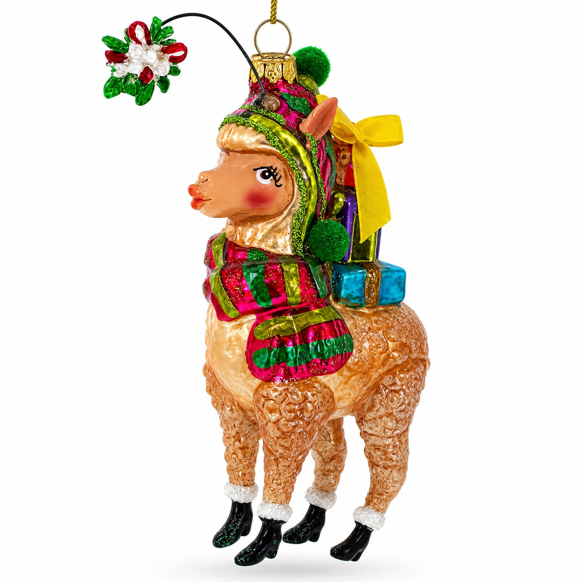 Lama Carrying Gifts Glass Christmas Ornament