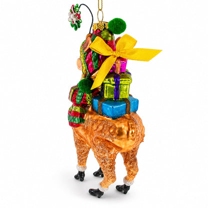 Lama Carrying Gifts Glass Christmas Ornament