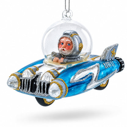 Santa Riding Spaceship Glass Christmas Ornament