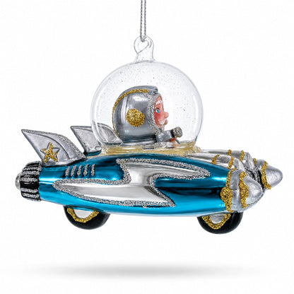 Santa Riding Spaceship Glass Christmas Ornament